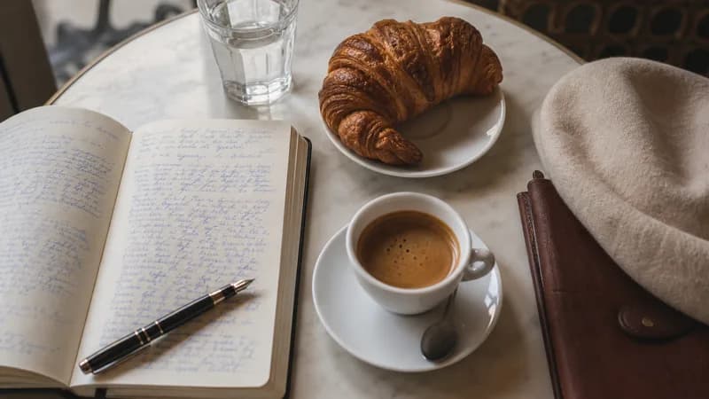 A journal, croissant, and espresso on a Paris café table — the 10 most common French verbs